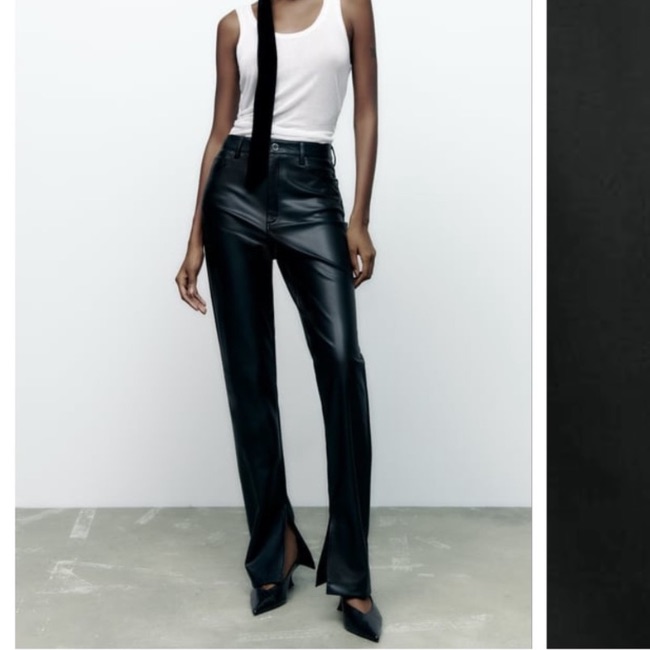 Zara Faux Leather Black Flare Trousers High Waist Pants Slits By Hem Size 4